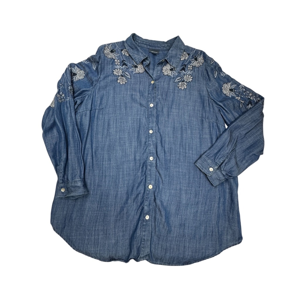 J. Jill Denim Embroidered Button Down Shirt Womens Large Blue Tencel Floral